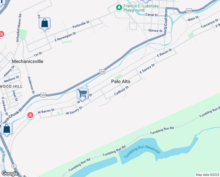 map of restaurants, bars, coffee shops, grocery stores, and more near 33 East Savory Street in Pottsville