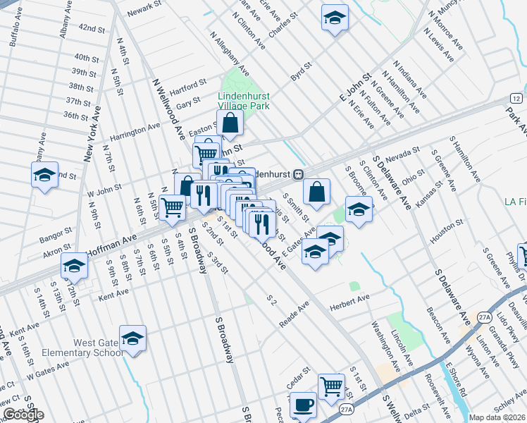 map of restaurants, bars, coffee shops, grocery stores, and more near 142 South High Street in Lindenhurst