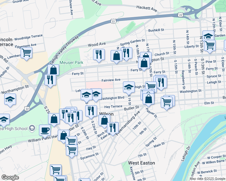 map of restaurants, bars, coffee shops, grocery stores, and more near 2005 Washington Boulevard in Easton