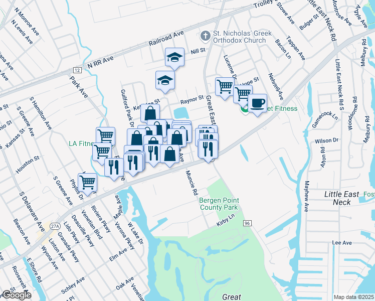 map of restaurants, bars, coffee shops, grocery stores, and more near 661 New York 27A in West Babylon