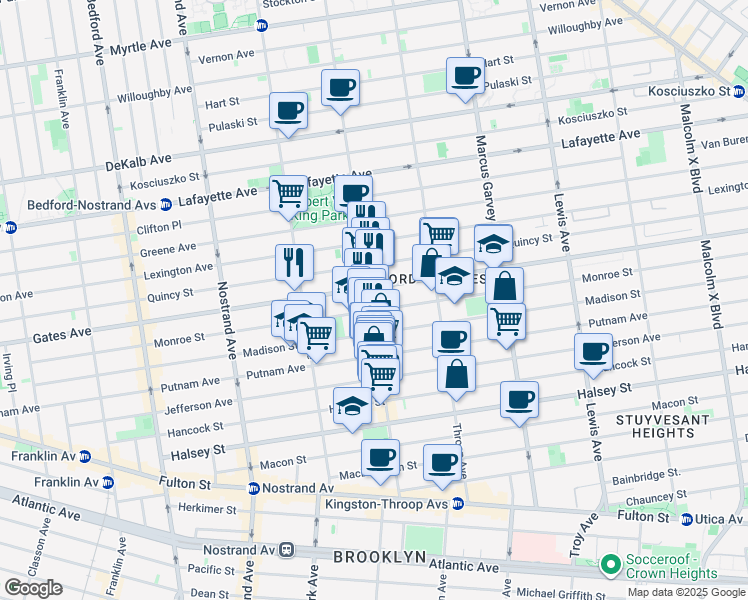 map of restaurants, bars, coffee shops, grocery stores, and more near 364 Monroe Street in Brooklyn