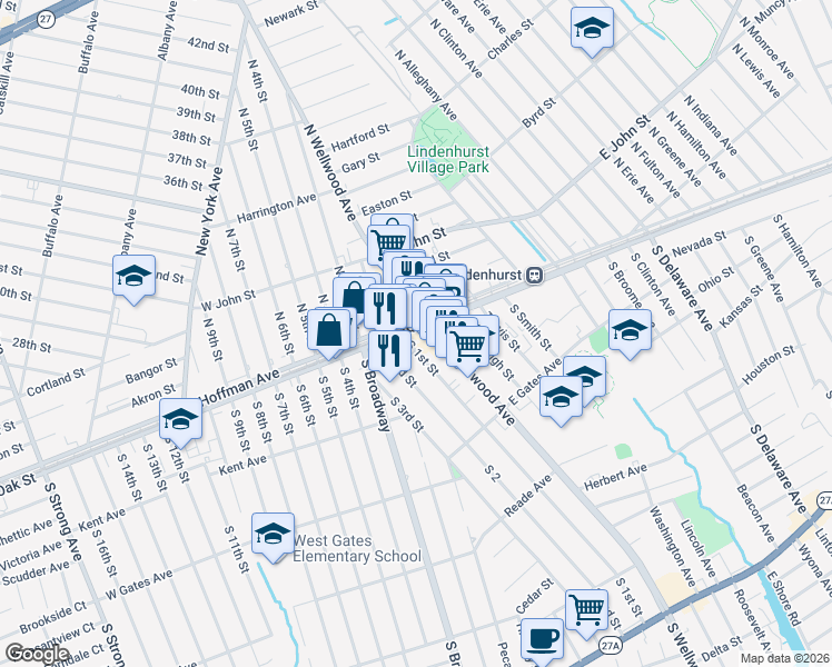 map of restaurants, bars, coffee shops, grocery stores, and more near 138 South 1st Street in Lindenhurst