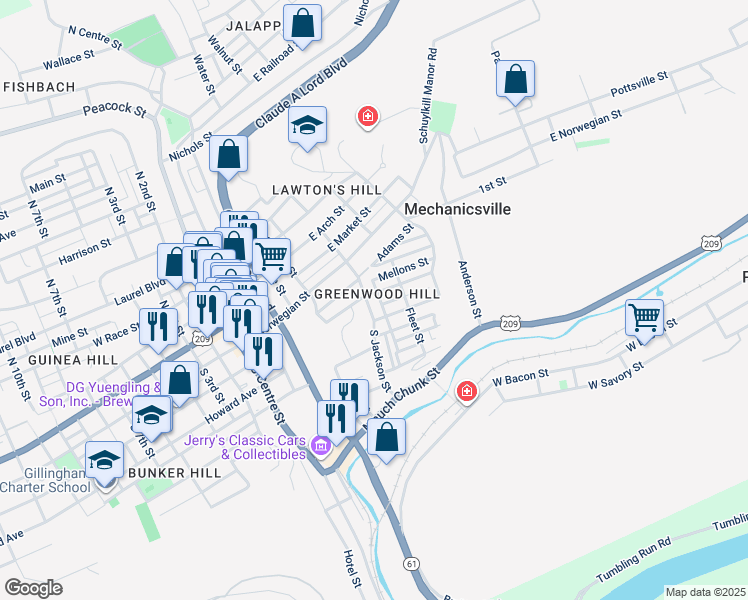map of restaurants, bars, coffee shops, grocery stores, and more near 104 South Jackson Street in Pottsville