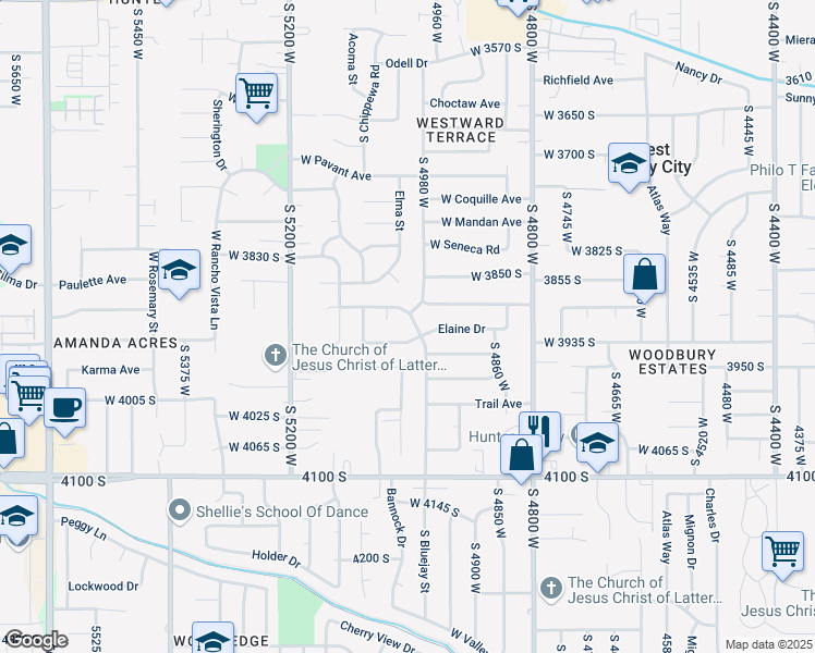 map of restaurants, bars, coffee shops, grocery stores, and more near 3910 Boothill Drive in West Valley City