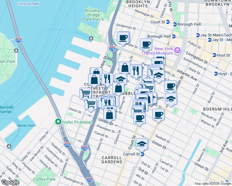 map of restaurants, bars, coffee shops, grocery stores, and more near 20 Strong Place in Brooklyn