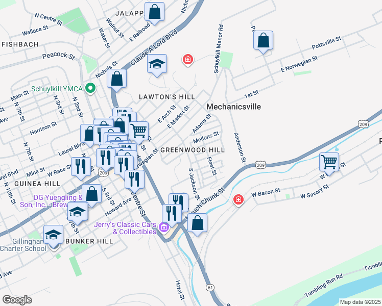 map of restaurants, bars, coffee shops, grocery stores, and more near 104 South Jackson Street in Pottsville