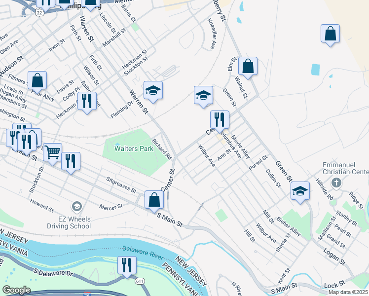 map of restaurants, bars, coffee shops, grocery stores, and more near 327 Center Street in Phillipsburg