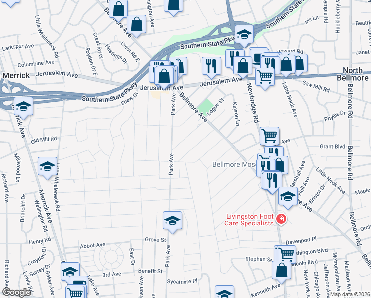 map of restaurants, bars, coffee shops, grocery stores, and more near 2290 Fowler Street in North Bellmore