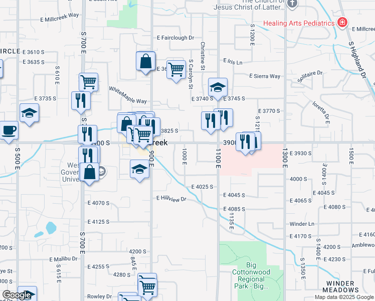 map of restaurants, bars, coffee shops, grocery stores, and more near 3919 1000 East in Millcreek