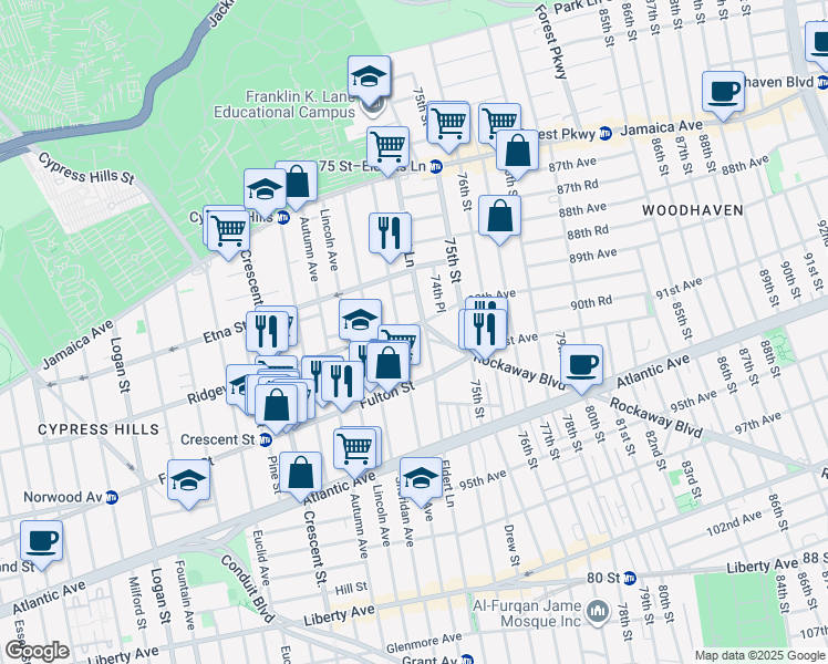map of restaurants, bars, coffee shops, grocery stores, and more near 590 Ridgewood Avenue in Brooklyn