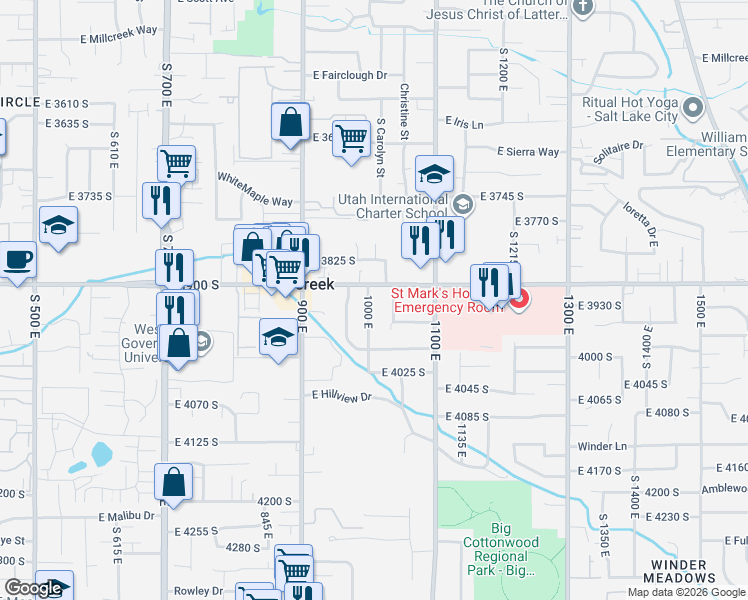 map of restaurants, bars, coffee shops, grocery stores, and more near 3919 1000 East in Millcreek