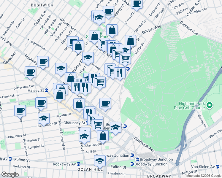 map of restaurants, bars, coffee shops, grocery stores, and more near 760 Chauncey Street in Brooklyn