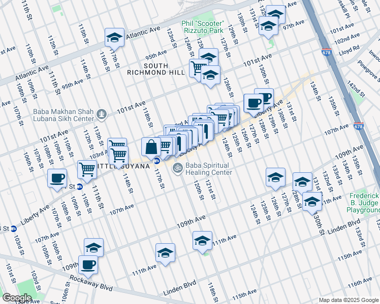 map of restaurants, bars, coffee shops, grocery stores, and more near 12004 Liberty Avenue in Queens