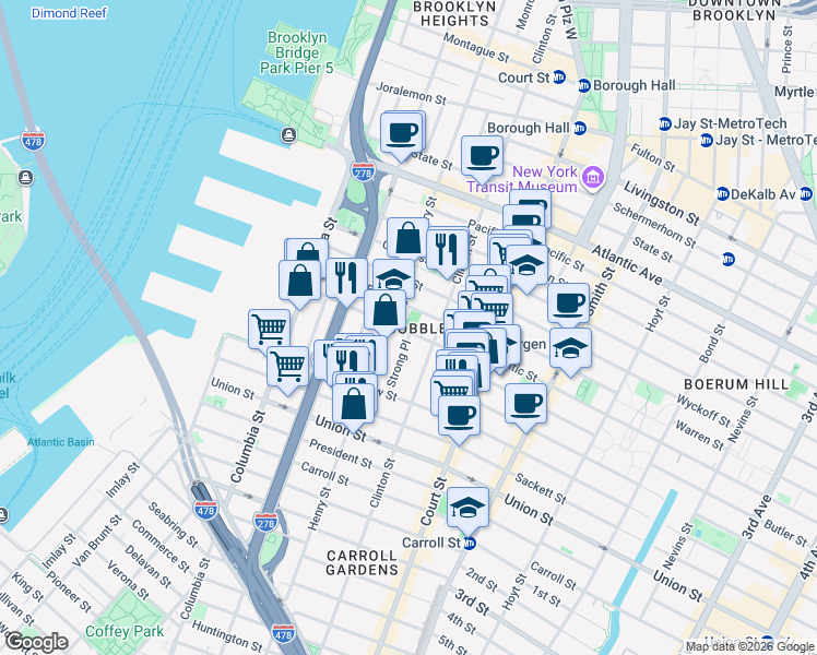 map of restaurants, bars, coffee shops, grocery stores, and more near 193 Kane Street in Brooklyn