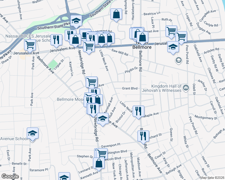 map of restaurants, bars, coffee shops, grocery stores, and more near 1392 Little Neck Avenue in North Bellmore