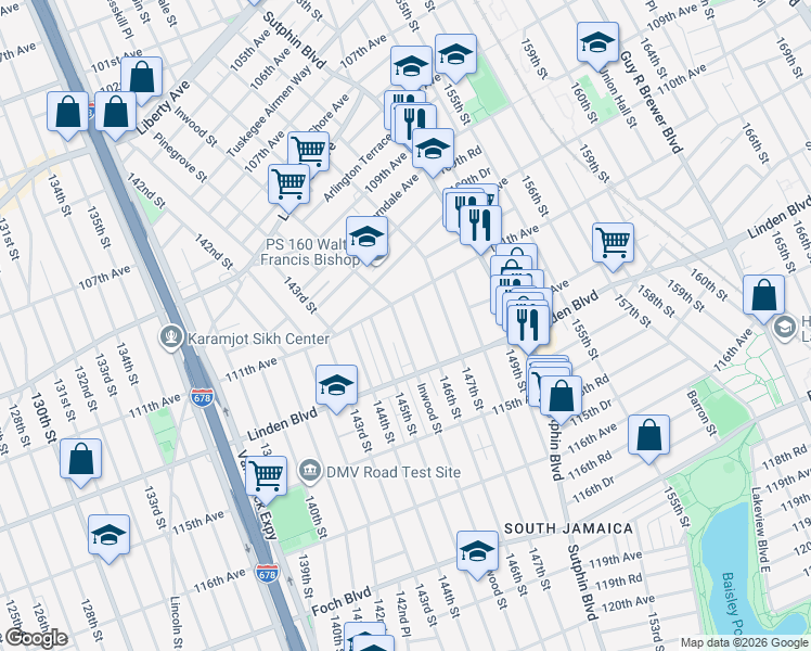 map of restaurants, bars, coffee shops, grocery stores, and more near 111-45 Inwood Street in Queens