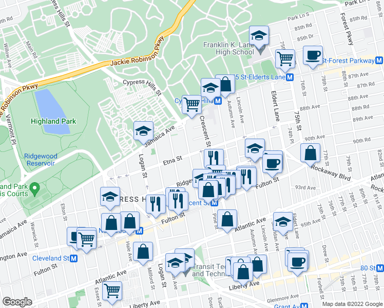 map of restaurants, bars, coffee shops, grocery stores, and more near 241 Etna Street in Brooklyn