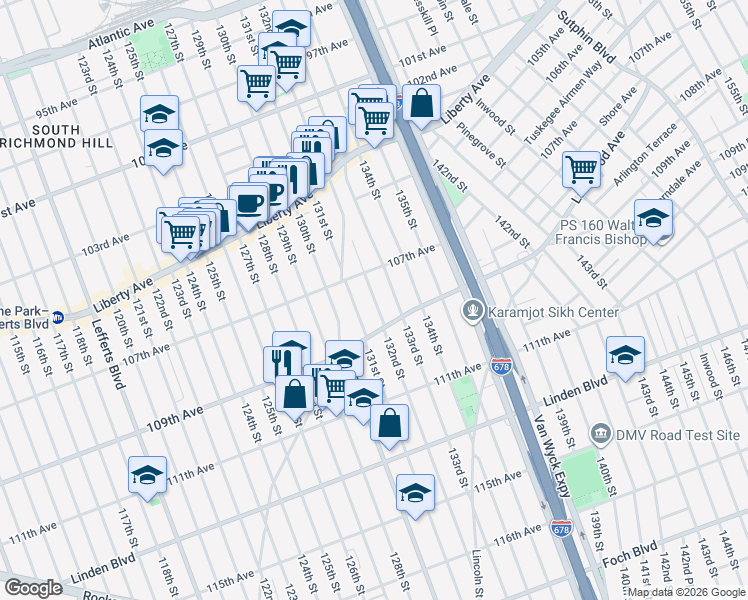 map of restaurants, bars, coffee shops, grocery stores, and more near 107-48 132nd Street in Queens