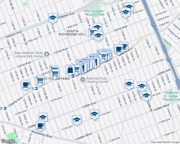 map of restaurants, bars, coffee shops, grocery stores, and more near 12004 Liberty Avenue in Queens