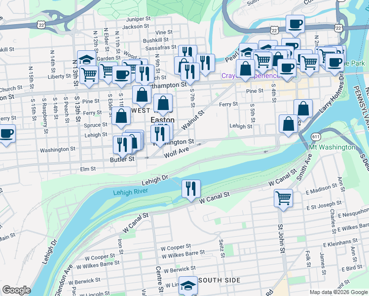 map of restaurants, bars, coffee shops, grocery stores, and more near 734 Wolf Avenue in Easton