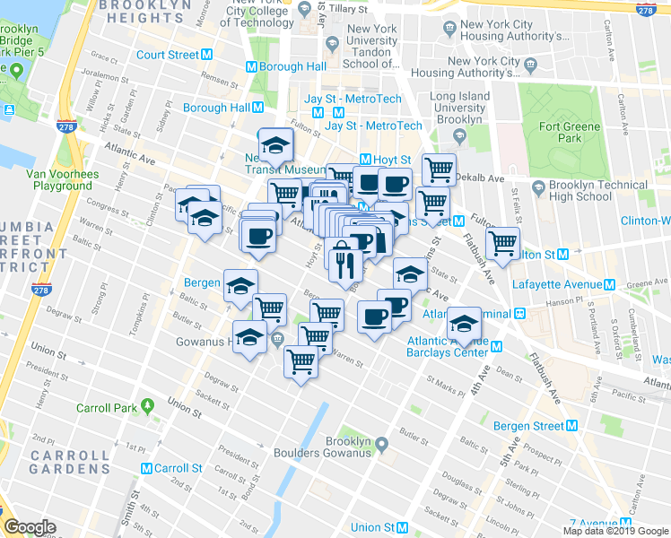 map of restaurants, bars, coffee shops, grocery stores, and more near 360 Pacific Street in Brooklyn