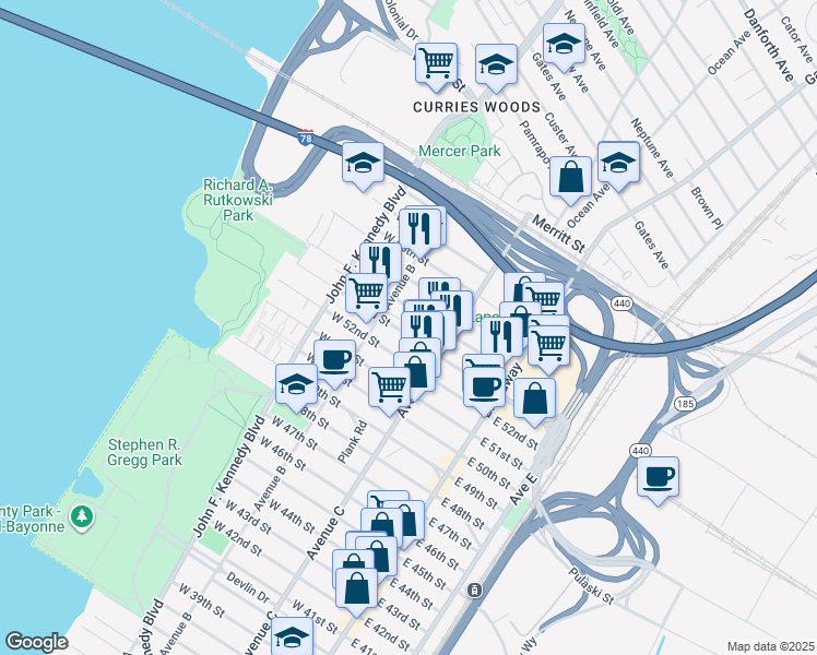 map of restaurants, bars, coffee shops, grocery stores, and more near 84 West 53rd Street in Bayonne