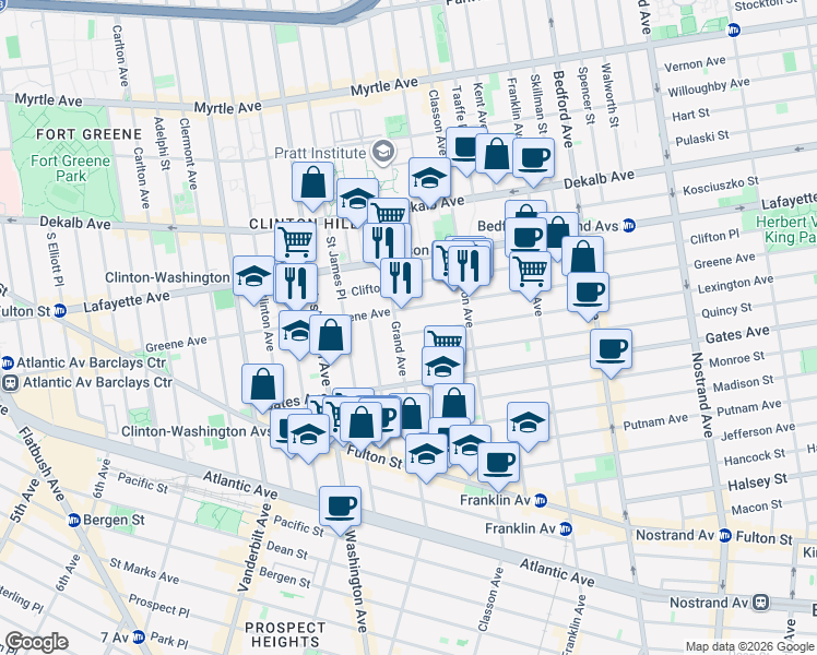 map of restaurants, bars, coffee shops, grocery stores, and more near 11 Lexington Avenue in Brooklyn