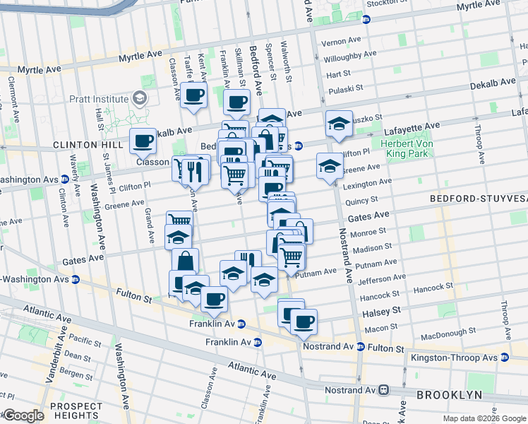 map of restaurants, bars, coffee shops, grocery stores, and more near 143 Quincy Street in Brooklyn