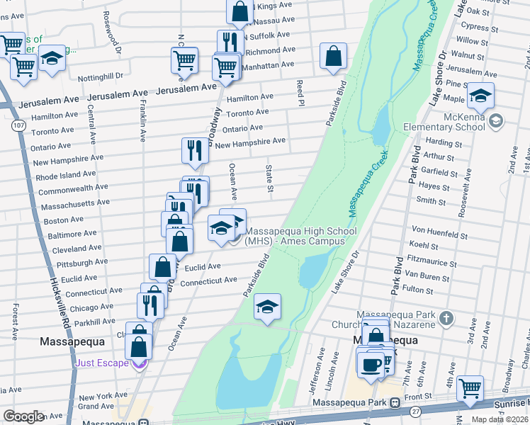 map of restaurants, bars, coffee shops, grocery stores, and more near 189 Baltimore Avenue in Massapequa