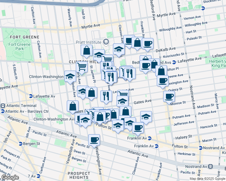 map of restaurants, bars, coffee shops, grocery stores, and more near 11 Lexington Avenue in Brooklyn