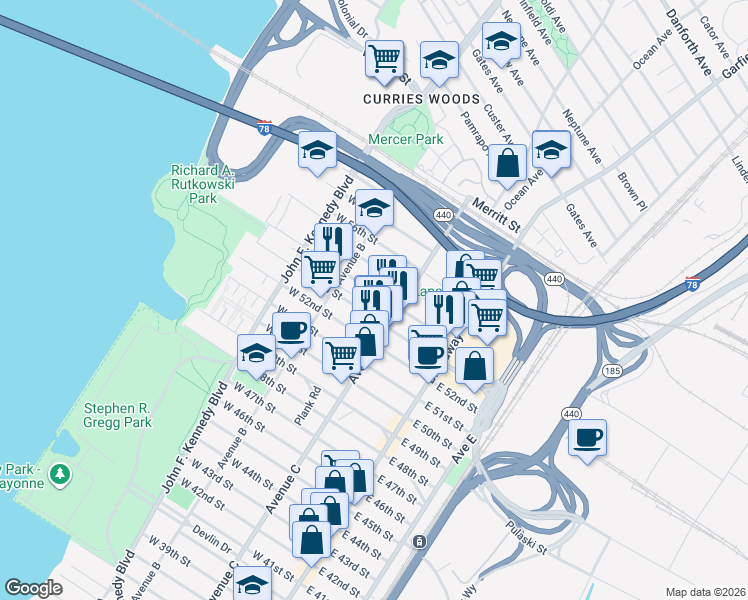 map of restaurants, bars, coffee shops, grocery stores, and more near 1095 Avenue C in Bayonne