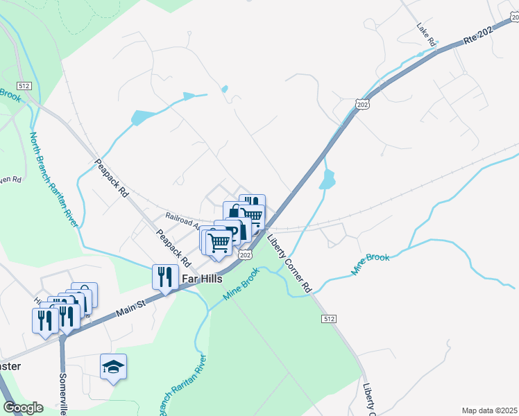 map of restaurants, bars, coffee shops, grocery stores, and more near 18D Ashington Club Road in Far Hills