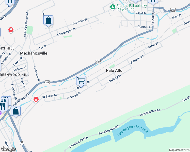 map of restaurants, bars, coffee shops, grocery stores, and more near 3 West Bacon Street in Pottsville
