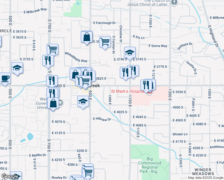 map of restaurants, bars, coffee shops, grocery stores, and more near 3919 1000 East in Millcreek
