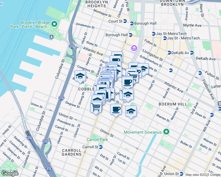 map of restaurants, bars, coffee shops, grocery stores, and more near 280 Warren Street in Brooklyn