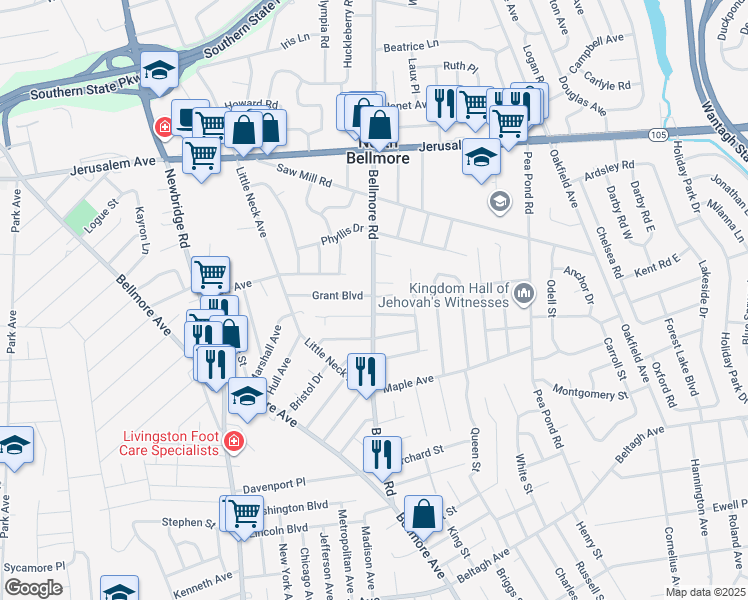 map of restaurants, bars, coffee shops, grocery stores, and more near 1373 Bellmore Road in North Bellmore