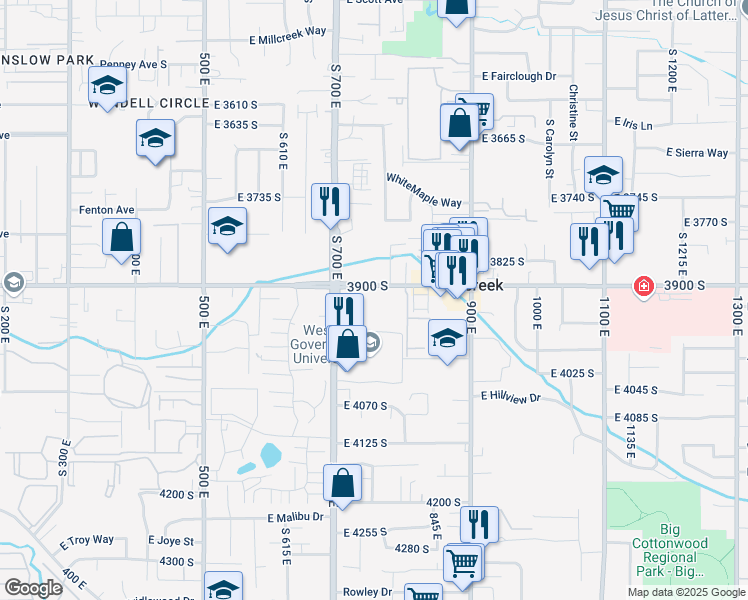 map of restaurants, bars, coffee shops, grocery stores, and more near 3949 South 700 East in Murray