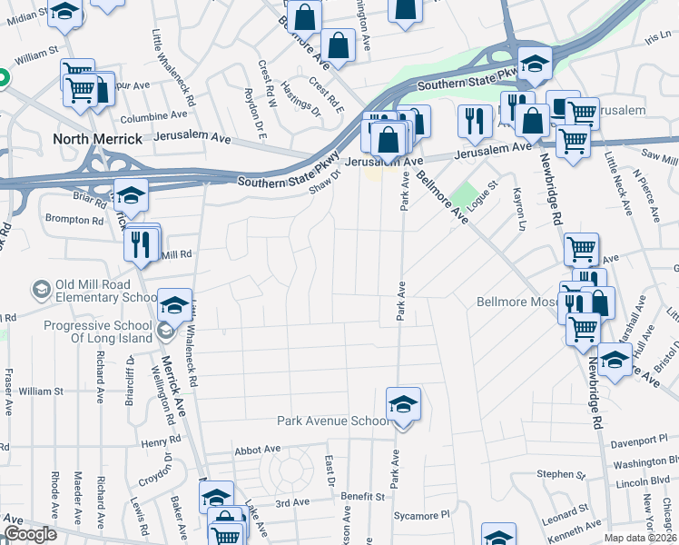 map of restaurants, bars, coffee shops, grocery stores, and more near 1378 Whittier Avenue in Merrick