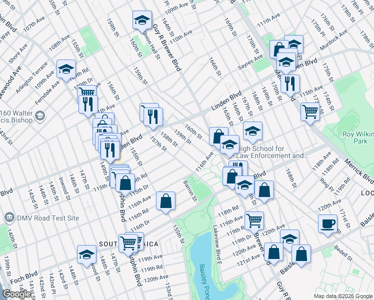 map of restaurants, bars, coffee shops, grocery stores, and more near 115-37 158th Street in Queens