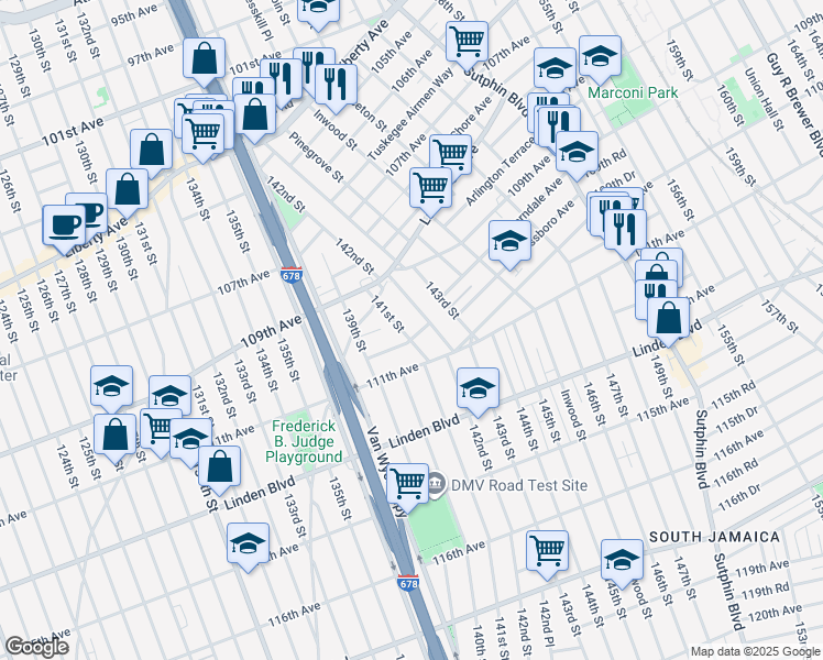 map of restaurants, bars, coffee shops, grocery stores, and more near 13934 Glassboro Avenue in Queens