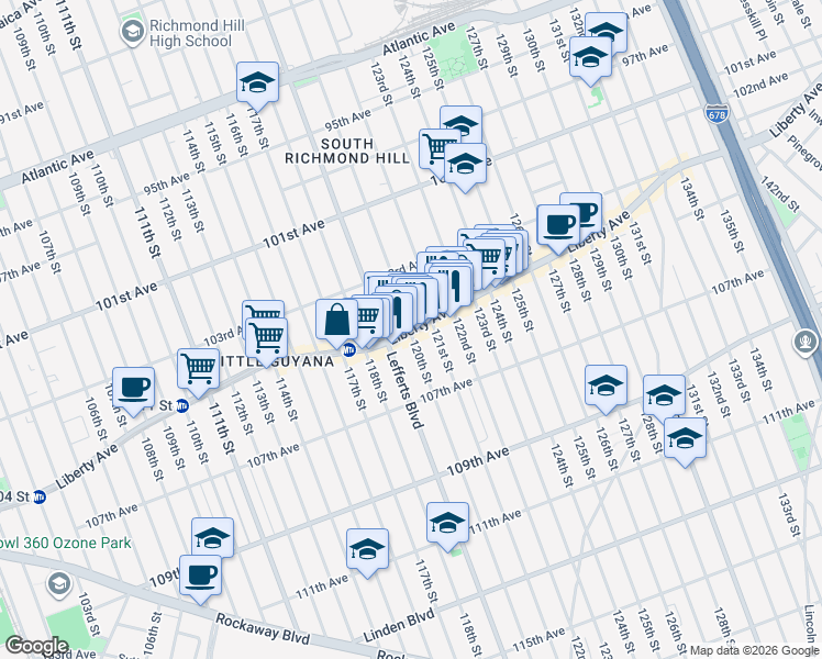map of restaurants, bars, coffee shops, grocery stores, and more near 12004 Liberty Avenue in Queens