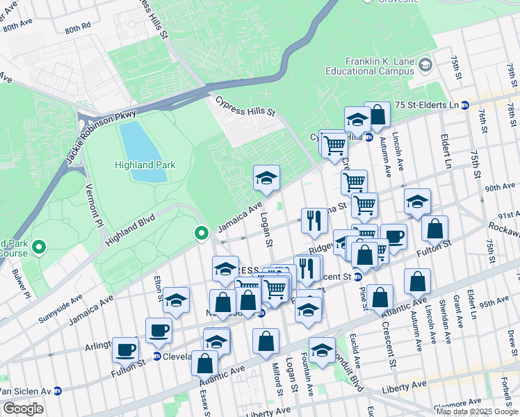 map of restaurants, bars, coffee shops, grocery stores, and more near 28 Logan Street in Brooklyn