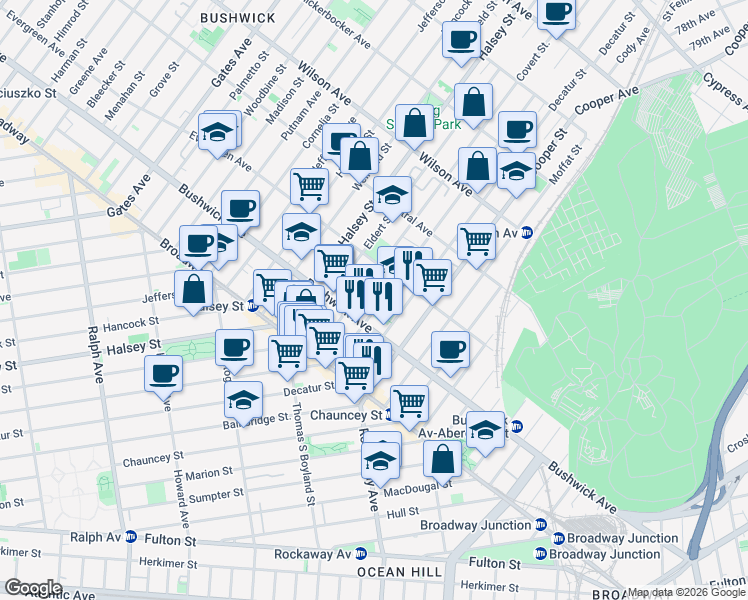 map of restaurants, bars, coffee shops, grocery stores, and more near 1341 Bushwick Avenue in Brooklyn