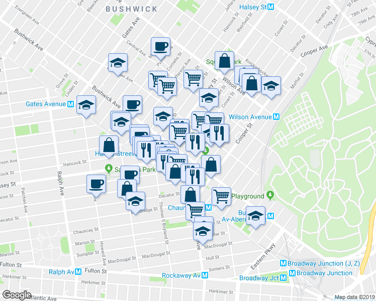 map of restaurants, bars, coffee shops, grocery stores, and more near 48 Covert Street in Brooklyn