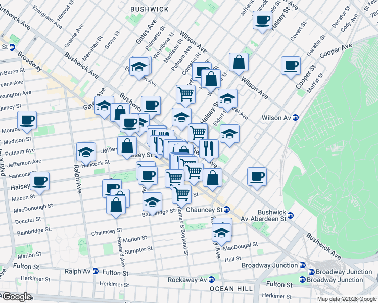 map of restaurants, bars, coffee shops, grocery stores, and more near 25 Eldert Street in Brooklyn