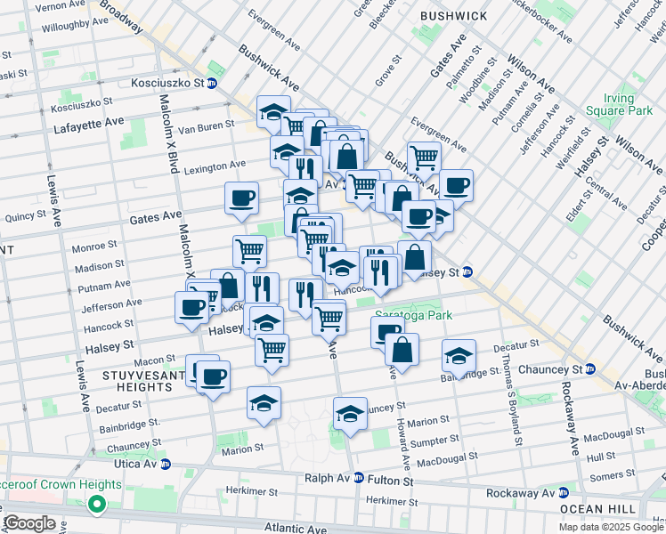 map of restaurants, bars, coffee shops, grocery stores, and more near 119 Ralph Avenue in Brooklyn