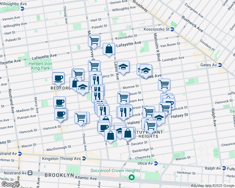 map of restaurants, bars, coffee shops, grocery stores, and more near 538 Madison Street in Brooklyn