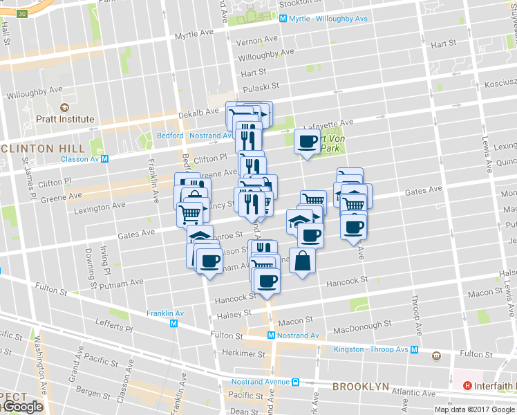 map of restaurants, bars, coffee shops, grocery stores, and more near 406 Gates Avenue in Brooklyn
