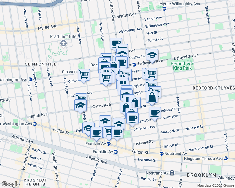 map of restaurants, bars, coffee shops, grocery stores, and more near 128 Quincy Street in Brooklyn