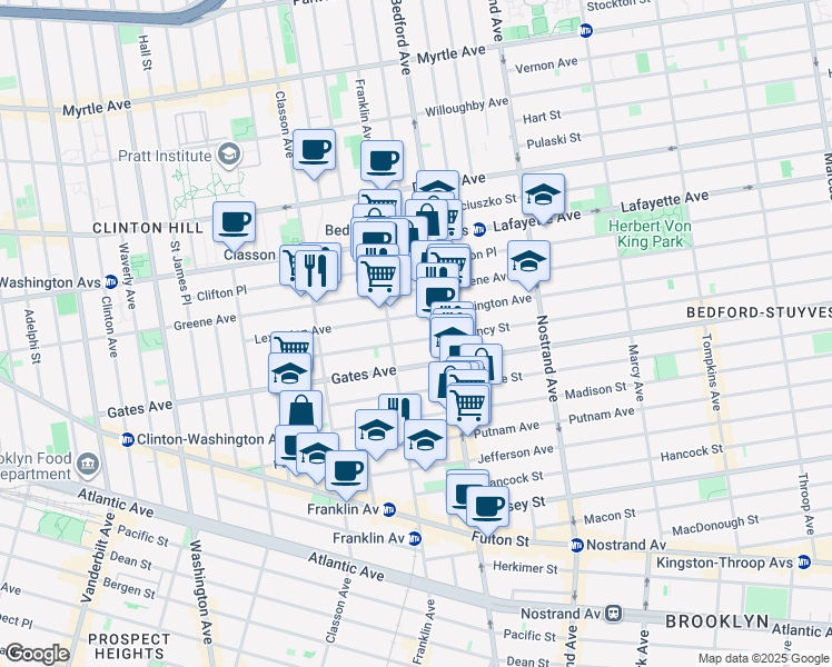 map of restaurants, bars, coffee shops, grocery stores, and more near 128 Quincy Street in Brooklyn